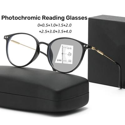 Damen Luxus Pochromische Lesebrille Herren Retro Outdoor Selbsttönende Sonnenbrille Rund Multifokal Fernsichtbrille+4.0