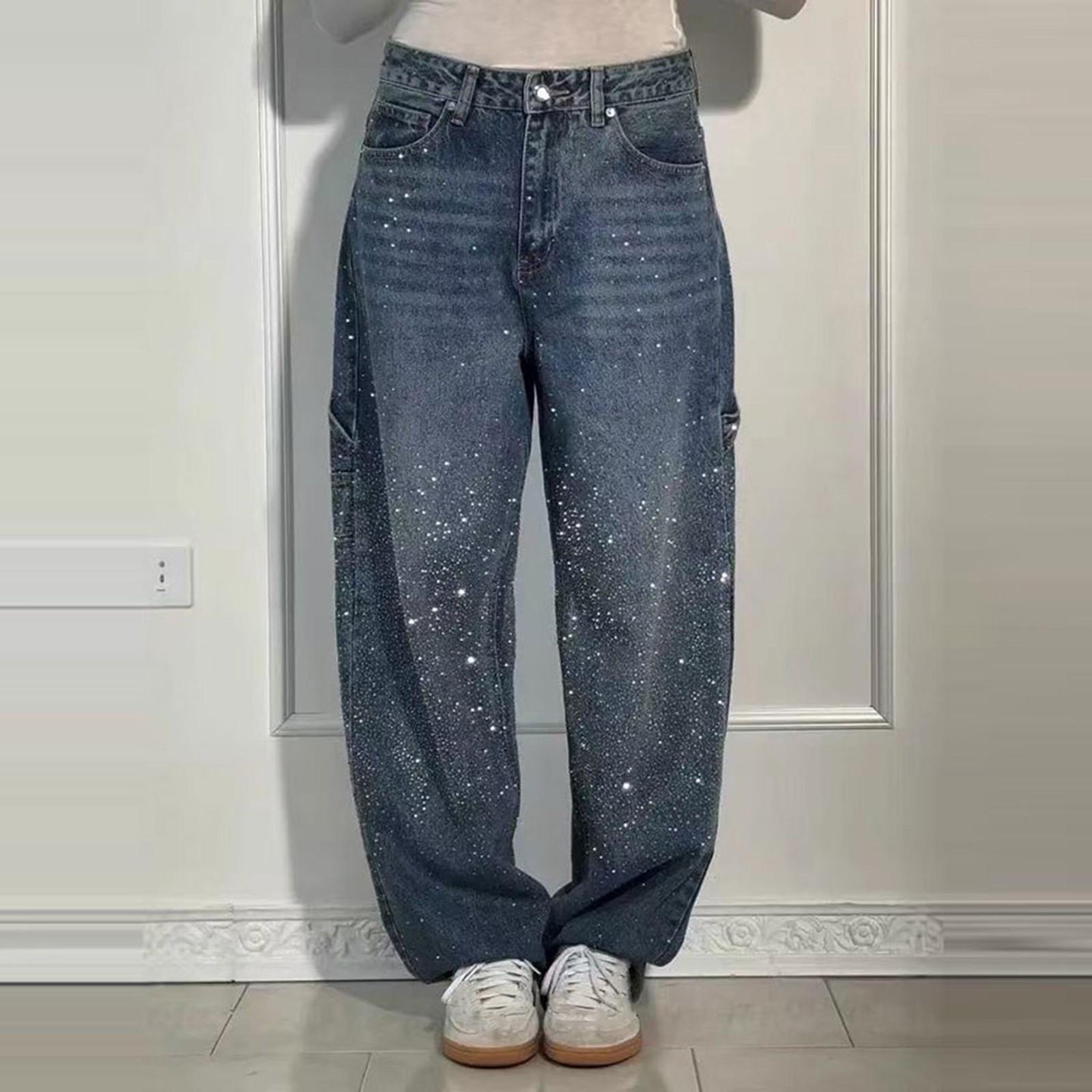 

Женские джинсы в стиле ретро, однотонные, с узором Flash Diamond, прямые джинсы XXL