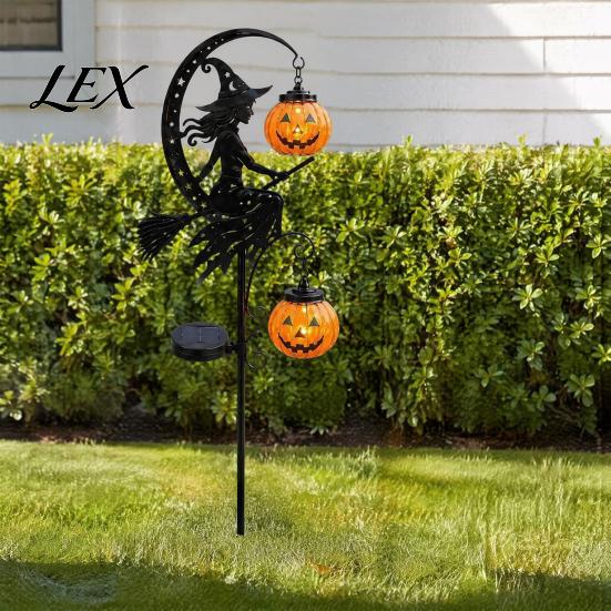 Autumn Home Exterior Decorations Halloween Solar Garden Stake Light, Witch Pumpkin Moon Lantern, Stakes IP44 Waterproof Metal Outdoor Decor