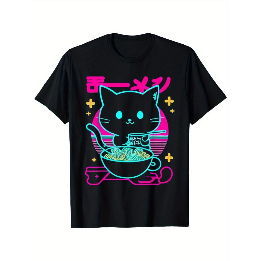 Synthetic Wave Products Cute Anime Cat Eats Ramen T-Shirt Fabric Men s and Women s Holiday S