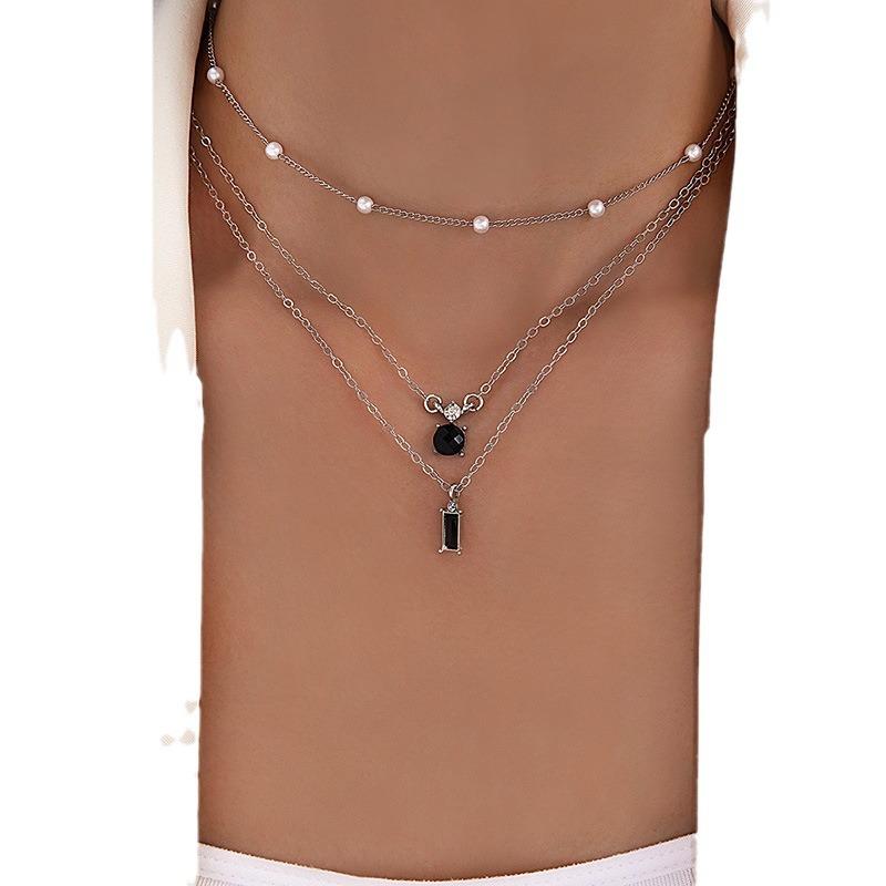 Sweater Chain Creative Retro Imitation Grandmother Blue-green Pearl Chain Multi-layer Necklace Simple Three-layer Collarbone Chain