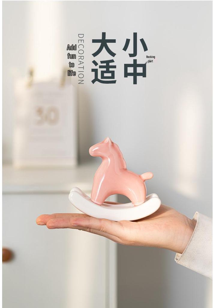 Modern Minimalist Ceramic Rocking Horse Ornament - Cute Green & Pink Tea Pet Decor for Home