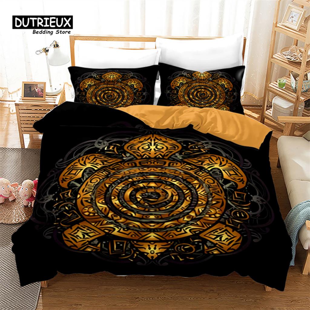 Exotic Turtle Duvet Cover Full King Microfiber Kawaii Sea Animal Comforter Cover Bohemia Tattoo Style Ocean Theme Bedding Set