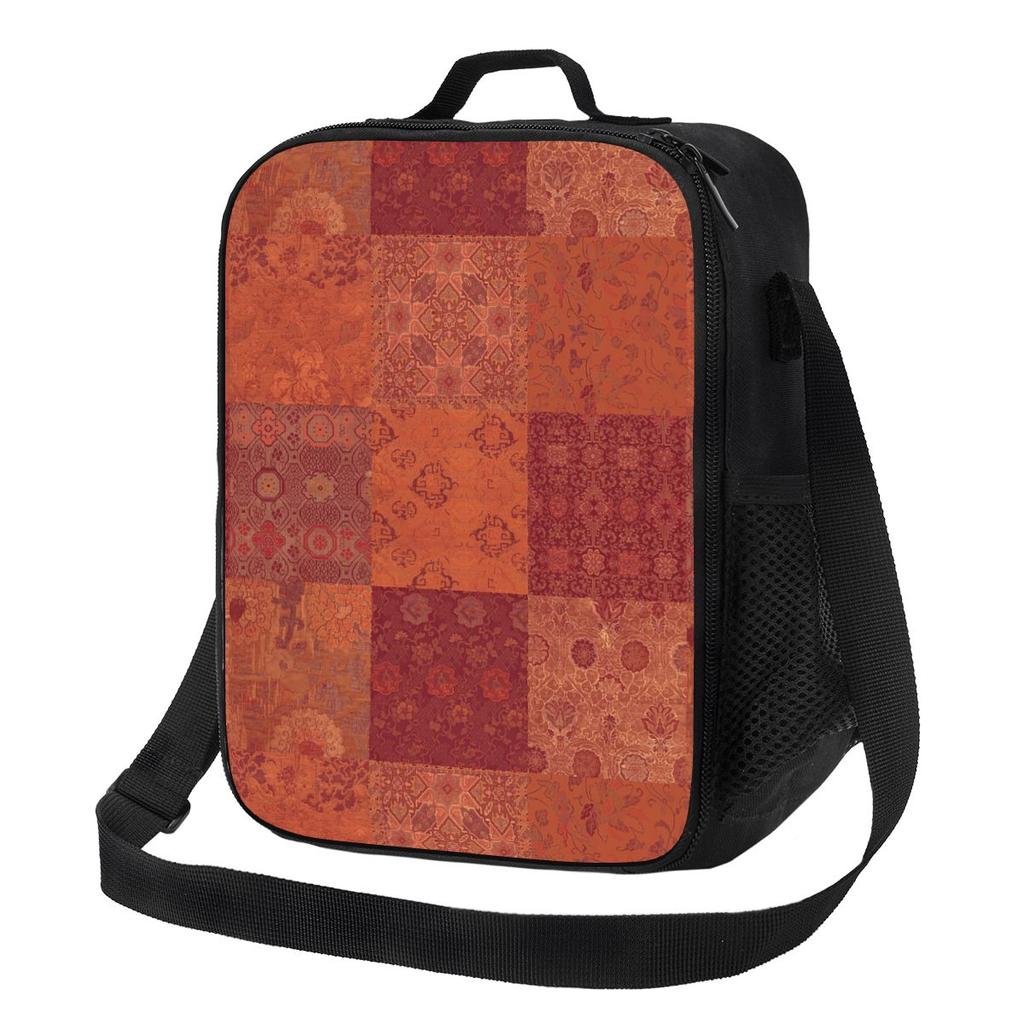 Vintage Bohemian Quilt In Burnt Orange Insulated Lunch Bag School Picnic Storage Food Boxes Leakproof Container Lunch Box Tote