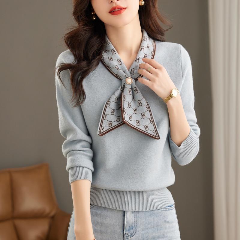 Women's knitted sweater spring and autumn bow temperament retro fashion sweater thickened knitted sweater women