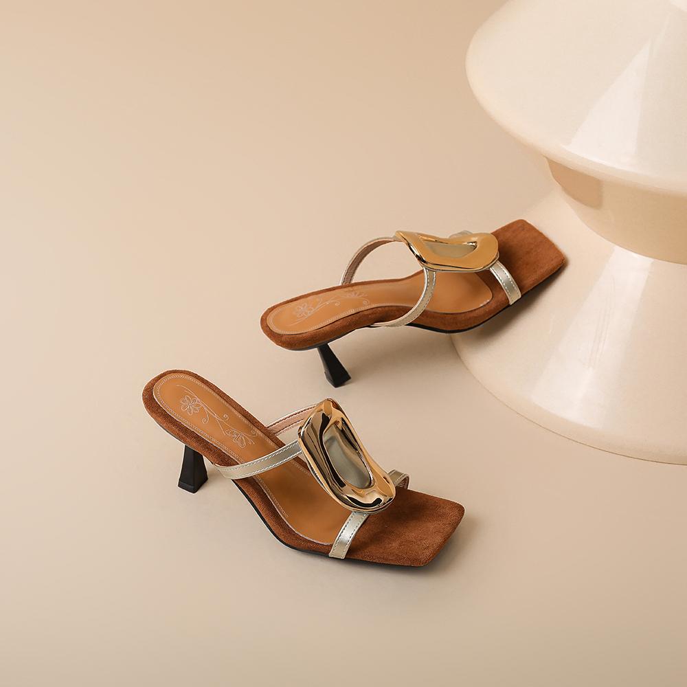 

2026 Summer New Mature Gold Black Women Slippers Sexy Square Toe High Thin Heel Lady Slides Plus Big Small Size 32 43 45 48 38 золотий