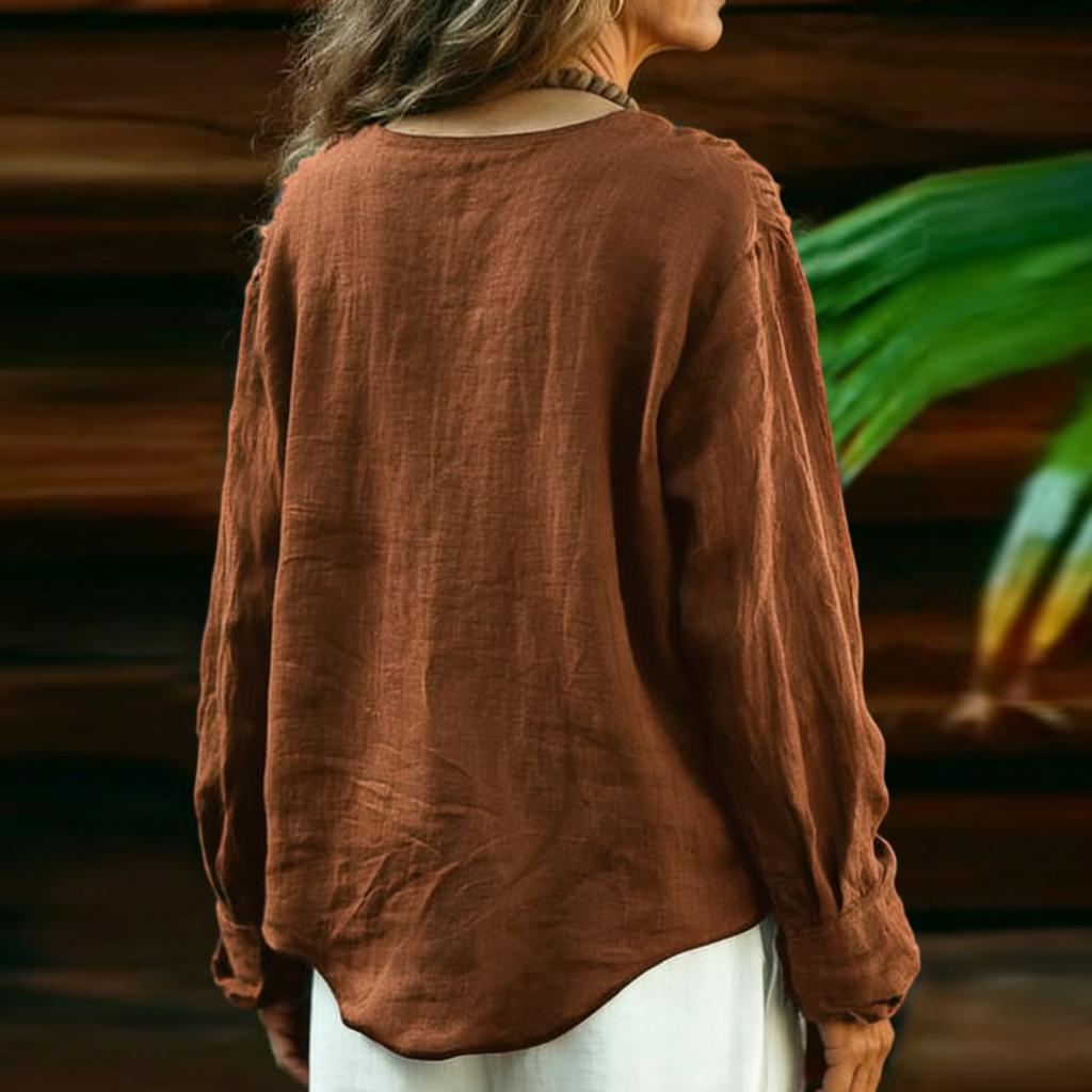 Women's Color Casual V-neck Long Sleeved Pullover Cotton And Linen Top