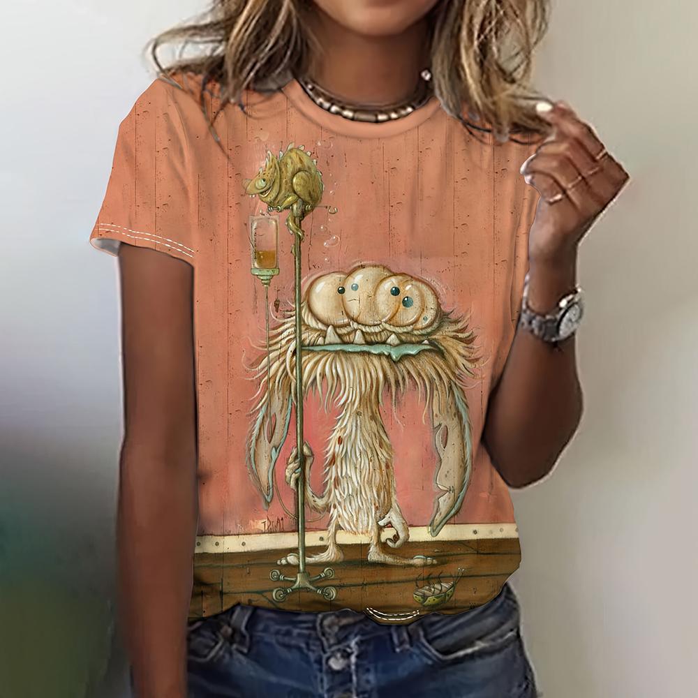 3D Print T Shirt Summer Street Tees Fashionable Tee Minimalist Pattern Women's T Shirt Round Neck Short Sleeved Top