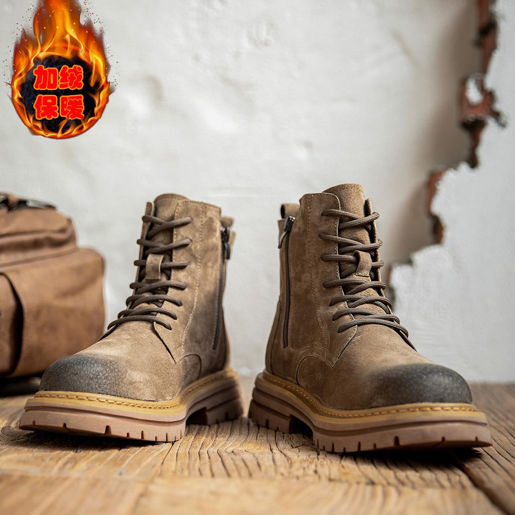 American Retro Men's Martin Boots 2025 New Autumn and Winter Men's Shoes Velvet High-top Tooling Men's Genuine Leather Boots