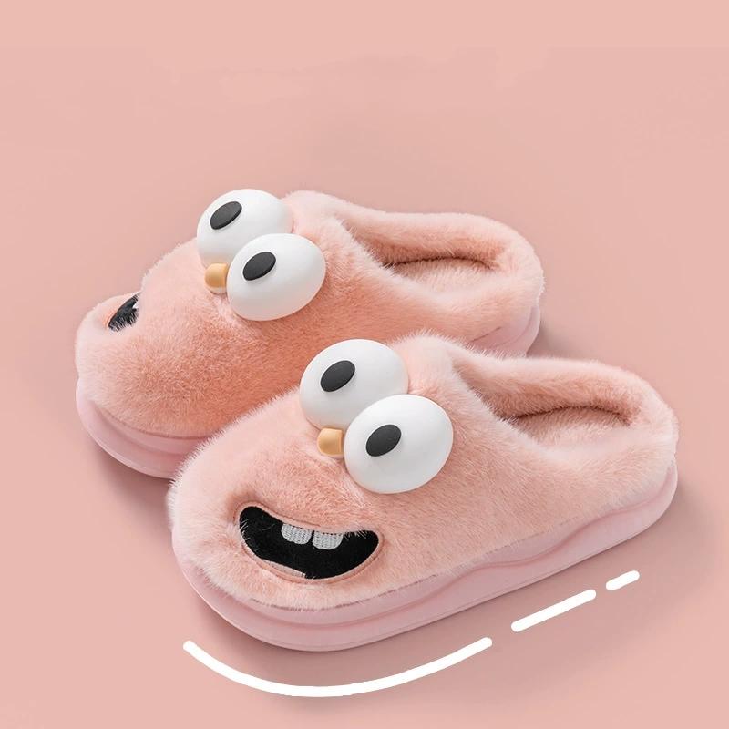 Cozy Big-Eyed Cartoon Dog Slippers: Warm Furry Cotton for Couples In Autumn Winter
