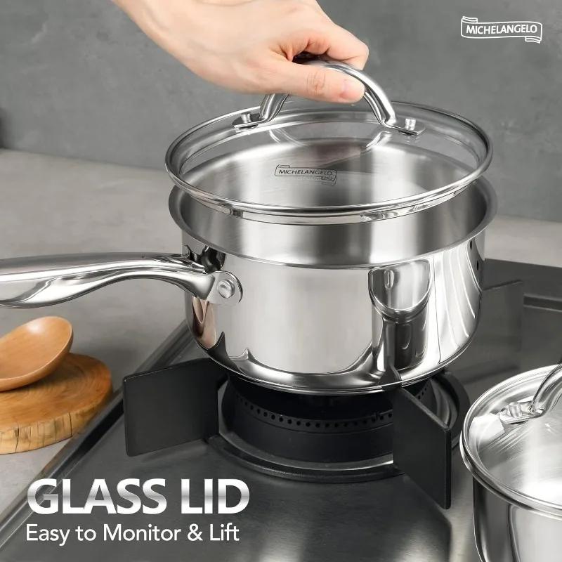 MICHELANGELO Saucepan Set Stainless Steel Sauce Pot with Lid Tri-Ply Bottom Milk Pot Pasta Pot Nonstick Saucepan Dishwasher Safe
