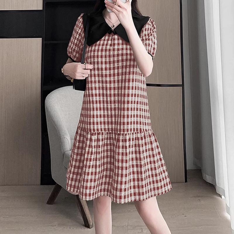 

ZANZEA Женское платье с кукольным воротником, свободного кроя, с коротким рукавом, в клетку 4XL вино красного