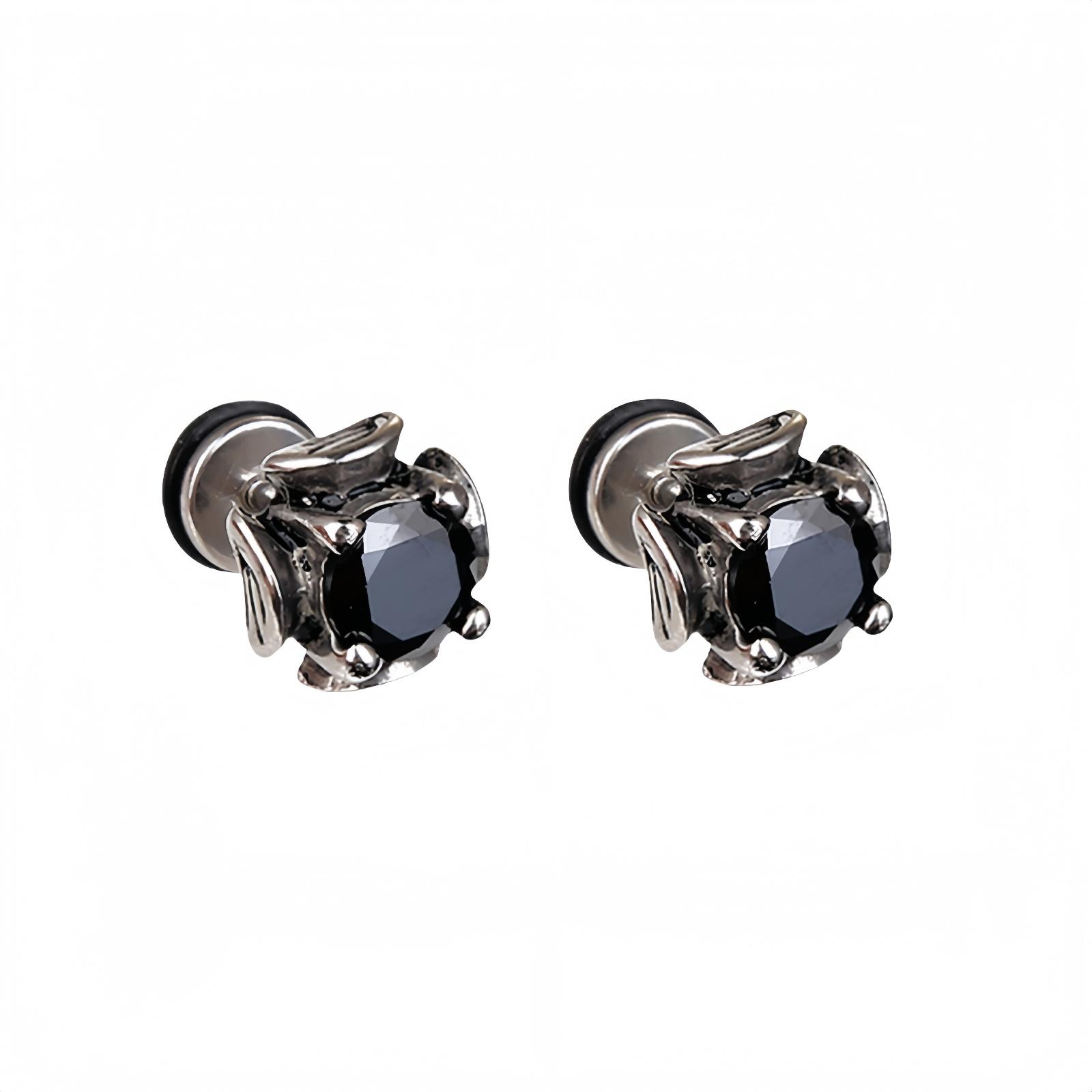 

1 Pair Vintage Black and White Cubic Zirconia Stainless Steel Stud Earrings for Men Women Punk Gothic Style Jewelry Decoration