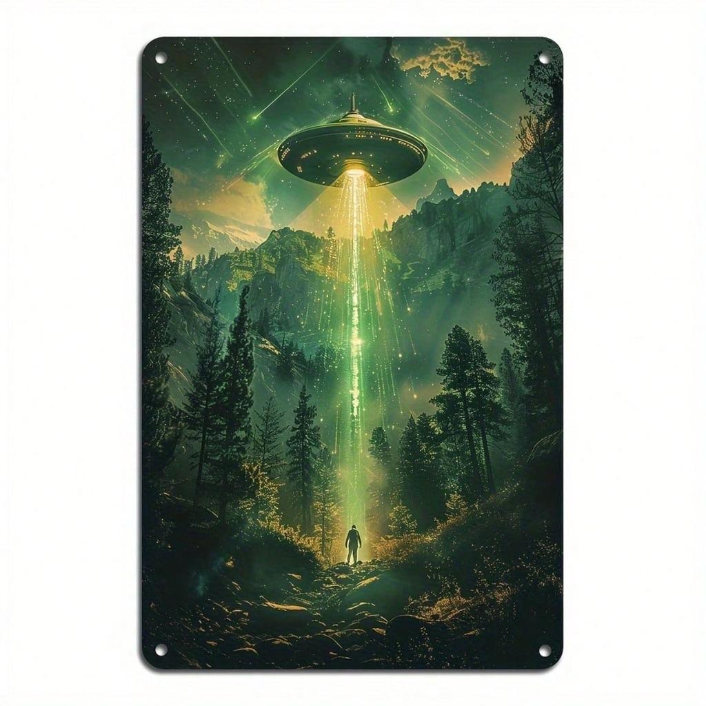 Vintage UFO Trees Metal Tin Sign 8x12 Inch, Retro Alien Space Art Wall Decor for Home Bar Cafe, Durable Metal Construction