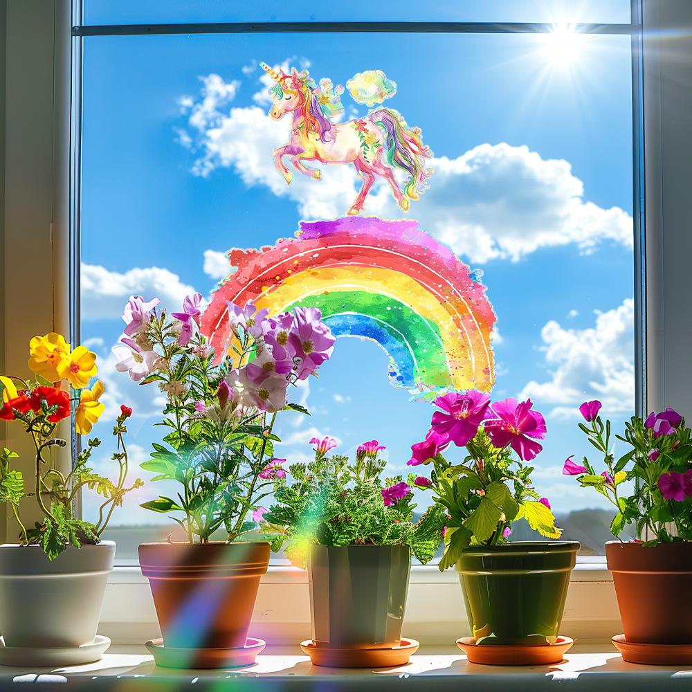 Oil Painting Irregular Rainbow Unicorn Glass Door and Window Beautification Decoration Static Window Stickers