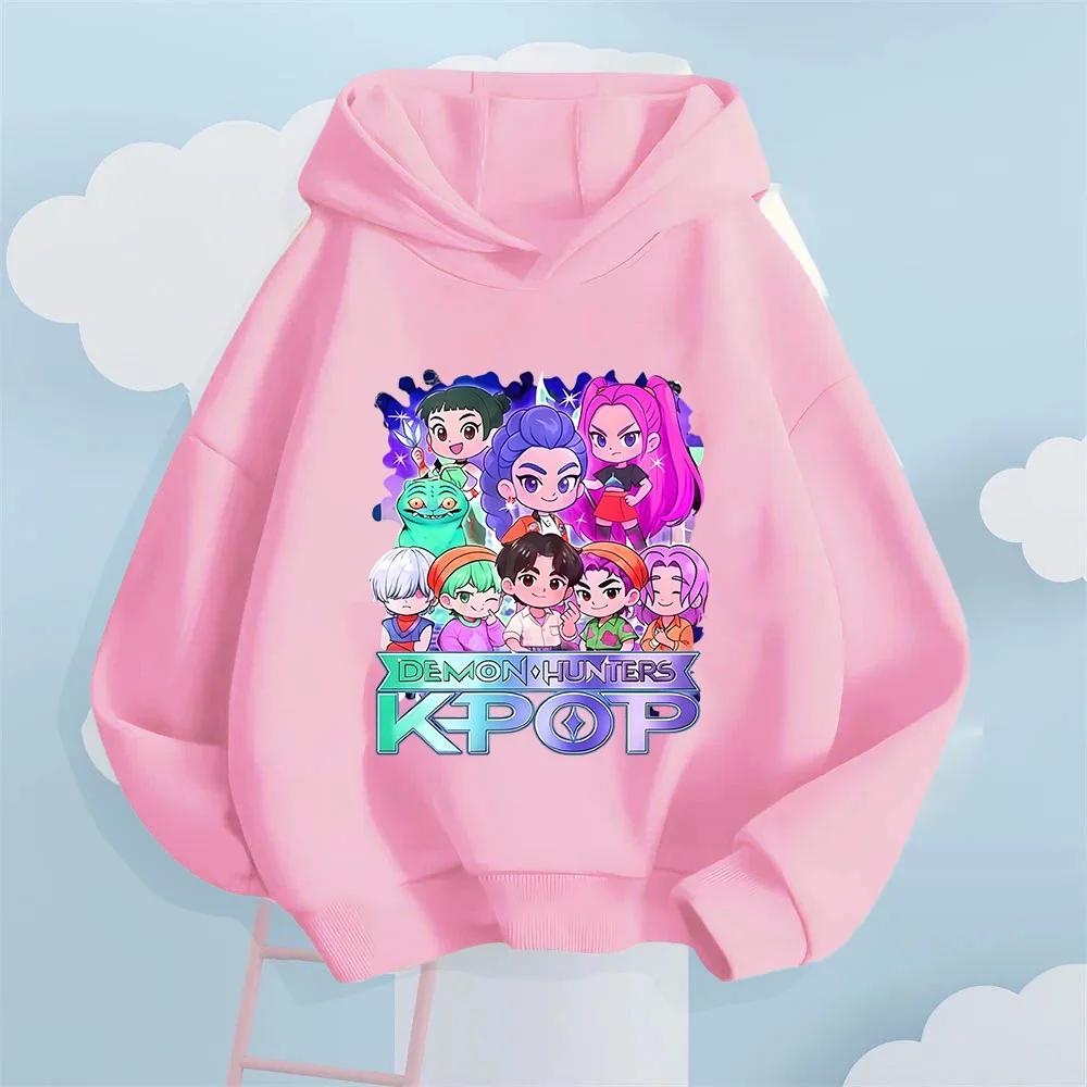 Korean KPop Devil Hunter Cartoon Girl Hooded Sweatshirt Warm Children's Wave Fashion Casual Top Casual Girls' Clothing