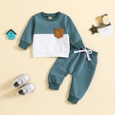Boys Fall and Winter Color Blocking Suit Long Sleeve Round Neck Top + Pants Two-piece Set