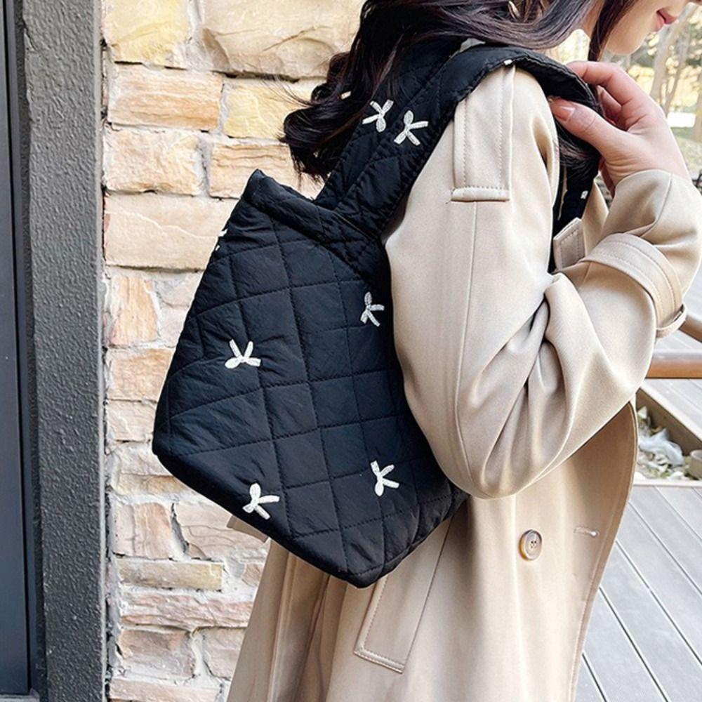 Fashion Nylon Bucket Bag Ins Style Portable Handbag Bow Embroidered Jacket Bag Outdoor Activities