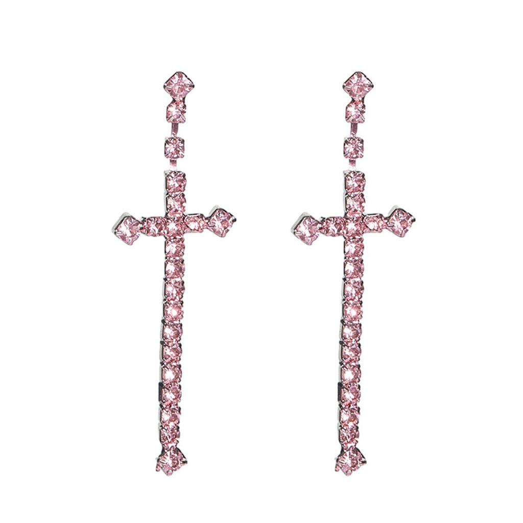 Temperament Glänsande Kristall Kors Långa Örhängen Mode Hög Känsla För Rosa Örhängen Damörhängen 1 Par
