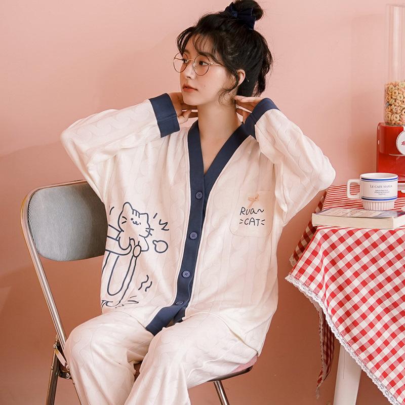 Women Pajama Long Sleeve Pants Autumn Two-Piece Set Sleepwear Female Sweet Breathable Home Clothes Student Nightwear 2511