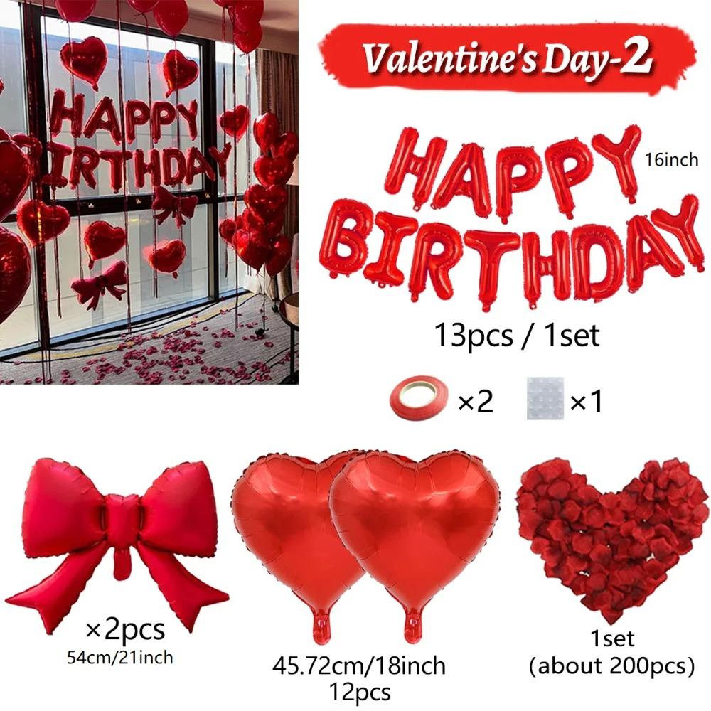 Red Birthday Balloon Set with Bow, Love Heart, Aluminum Foil Balloon, Simulated Petals for Birthdays and Valentine's Day