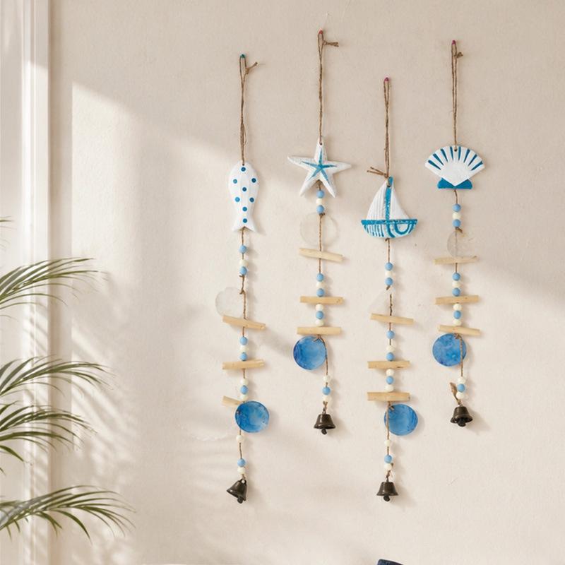 Mediterranean Handmade Wooden Starfish and Shell Wind Chime Pendant for Seaside Decor
