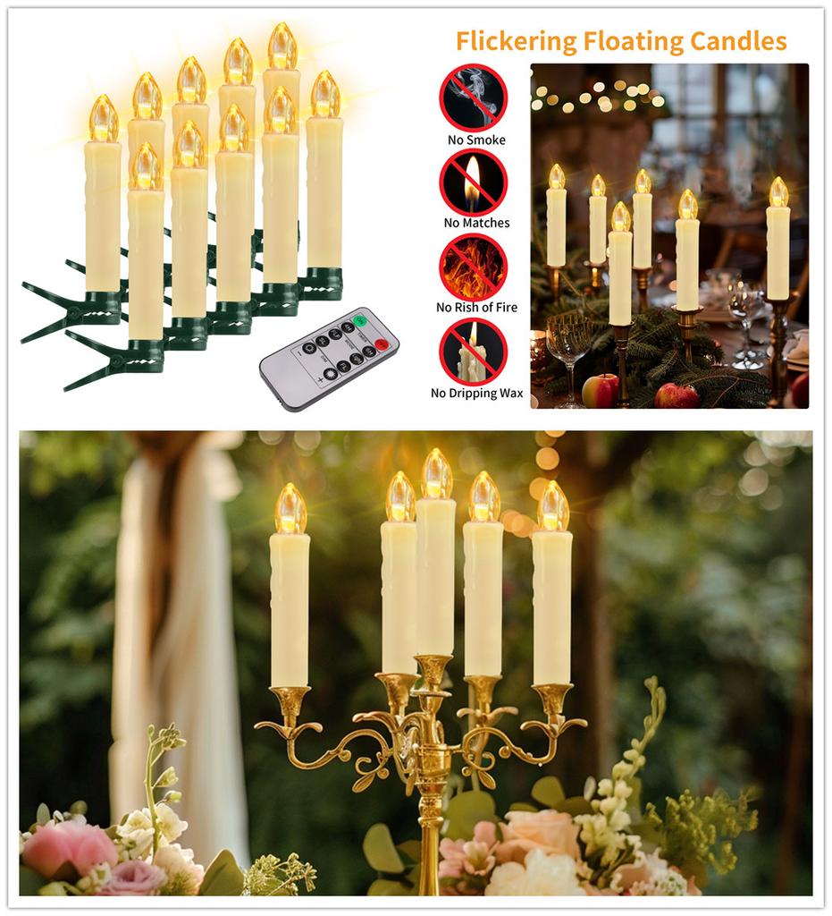 Flameless 1012Pcs Floating Candles with Magic Wand Flickering Warm Light LED Taper Candle for Christmas Halloween Party Decor