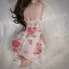 Lace Patchwork Floral Cami Nightgown Mesh Sheer Deep V High Slit Long Loungewear 769 Feminine Romantic Sleepwear with Delicate Floral Prints