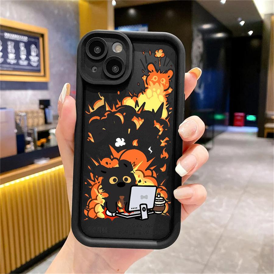 Case for Apple iPhone 11 15 Pro Max 14 Plus 13 12 16 Shockproof Shell Silicone Funda Phone Cover Cartoon Black Cat Explosion