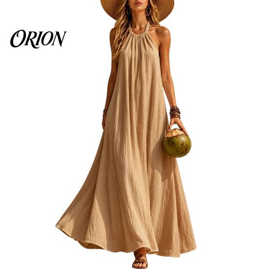 Plus Size Summer Dress Women Halter Neck Maxi Linen Dress, Sleeveless A-Line Loose Vacation Casual Long Flowy Beach Sundress A-line M