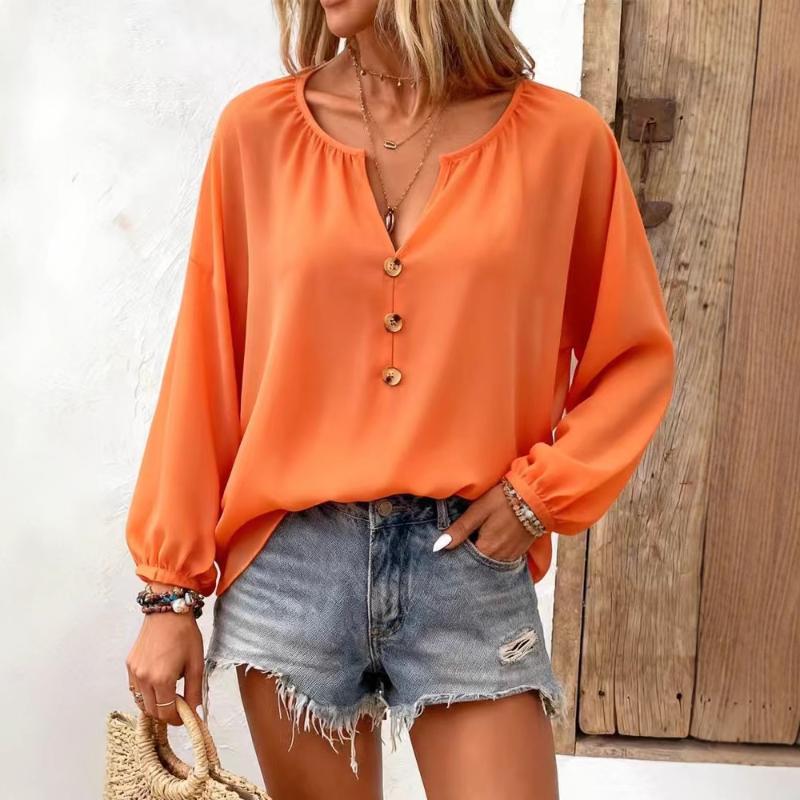 Women's V-Neck Button-Down Blouse Loose Long Sleeve Chiffon Top (Multi-Color)