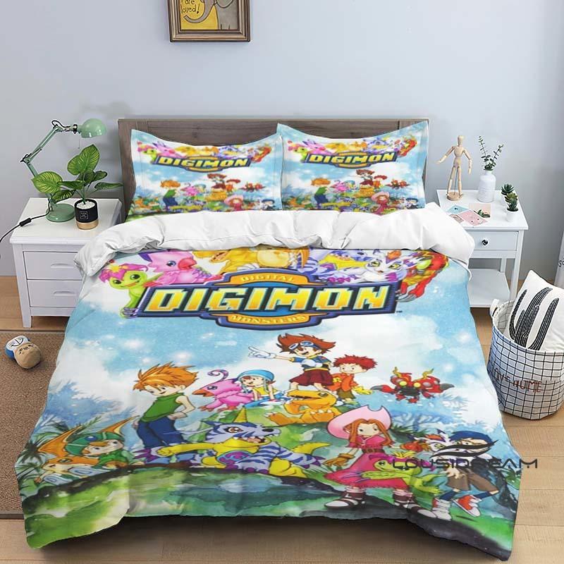 Digimon Cartoon 3D-Printed Bedding Set—Includes Duvet Cover and Pillowcases—Available for Single, Double, King, and Queen-Sized