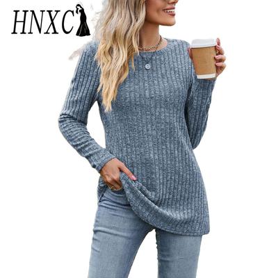 Damenmode, lässig, Herbst und Winter, einfarbig, langärmelig, O-Ausschnitt, Blusen und Hemden