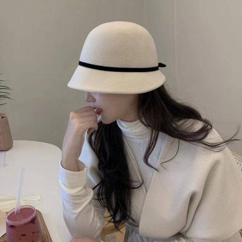 Winter French White Woolen Woolen Basin Hat Hepburn Style Ladies Elegant Bow Bucket Hat Brim Temperament Top Hat