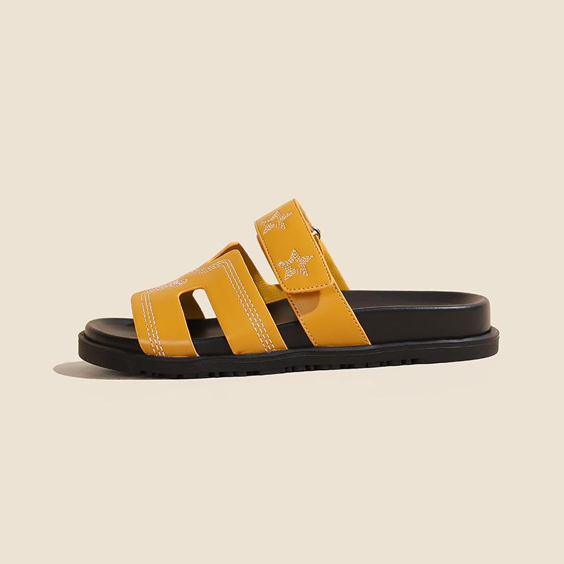 Su Yinyin's Second Uncle Slippers of the Same Style, Women Wear Ugly and Cute Leather H Slippers, Five-pointed Star Velcro One-word Drag Women