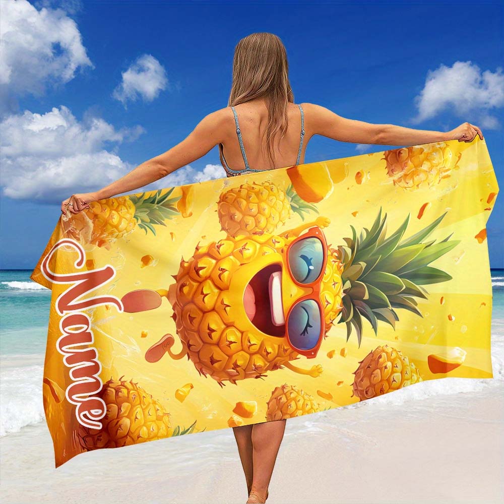 1pc Custom Cute Pineapple Cartoon Beach Towel, Personalized Name Summer Pool Towel for Vacation