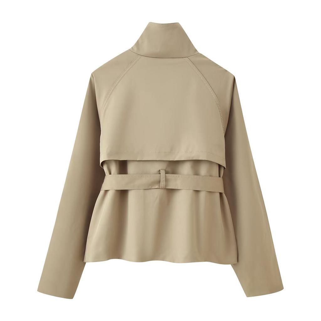 Women's Cropped Trench Coat Double Breasted Short Jacket High Collar Fall Winter Coats Trendy Outfit With Belt