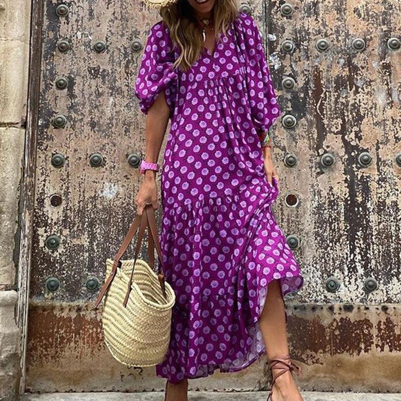 Women Bohemian Geometric Print Long Maxi Dress Lantern Sleeve V Neck Loose Casual Spring 2026 Travel Party Outfit