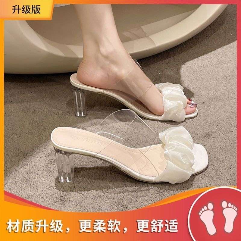 Sandals Women's Outer Wear Summer New 2025 Crystal Transparent Thick Heel French Sandals Slippers Summer High Heels Women