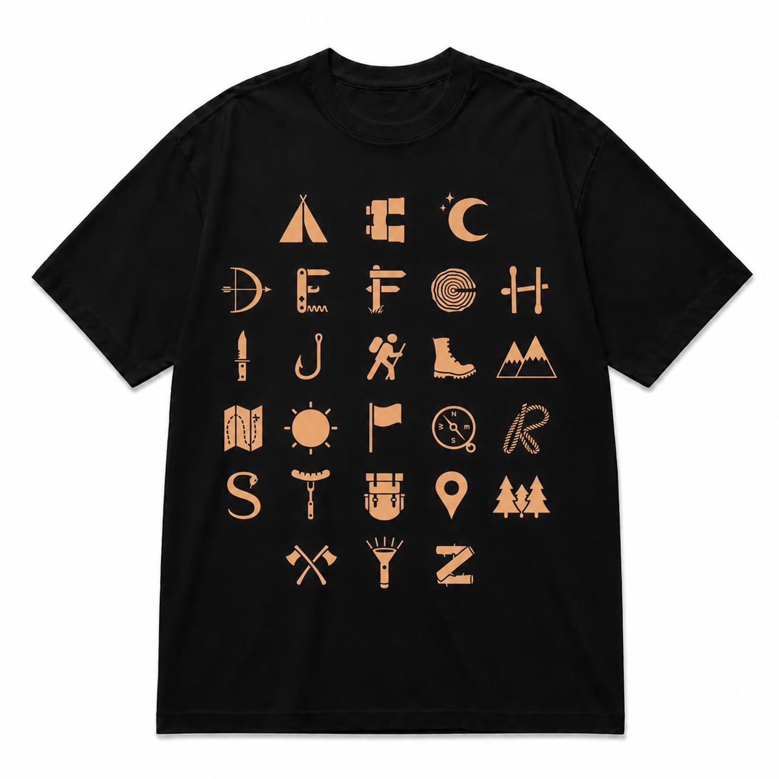 Minimalist Camping Icons Shirt – Retro Outdoor Adventure Graphic Tee 4XL
