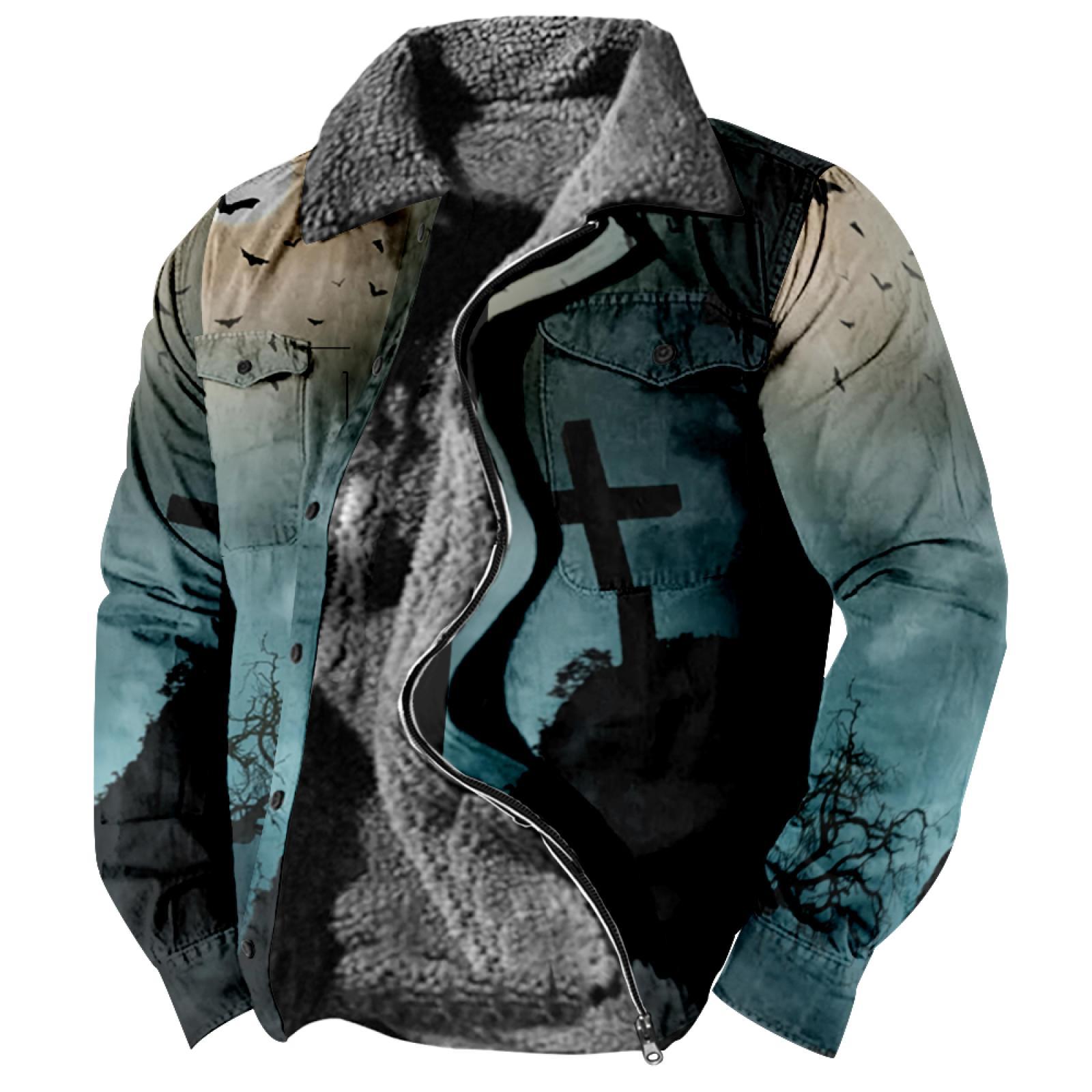 

Мужская зимняя Повседневная куртка на пуговицах с длинным рукавом и принтом на Хэллоуин, толстое пальто XXXL серый