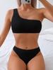2025 European & American Solid Color One-Shoulder High-Waisted Bikini Swimsuit