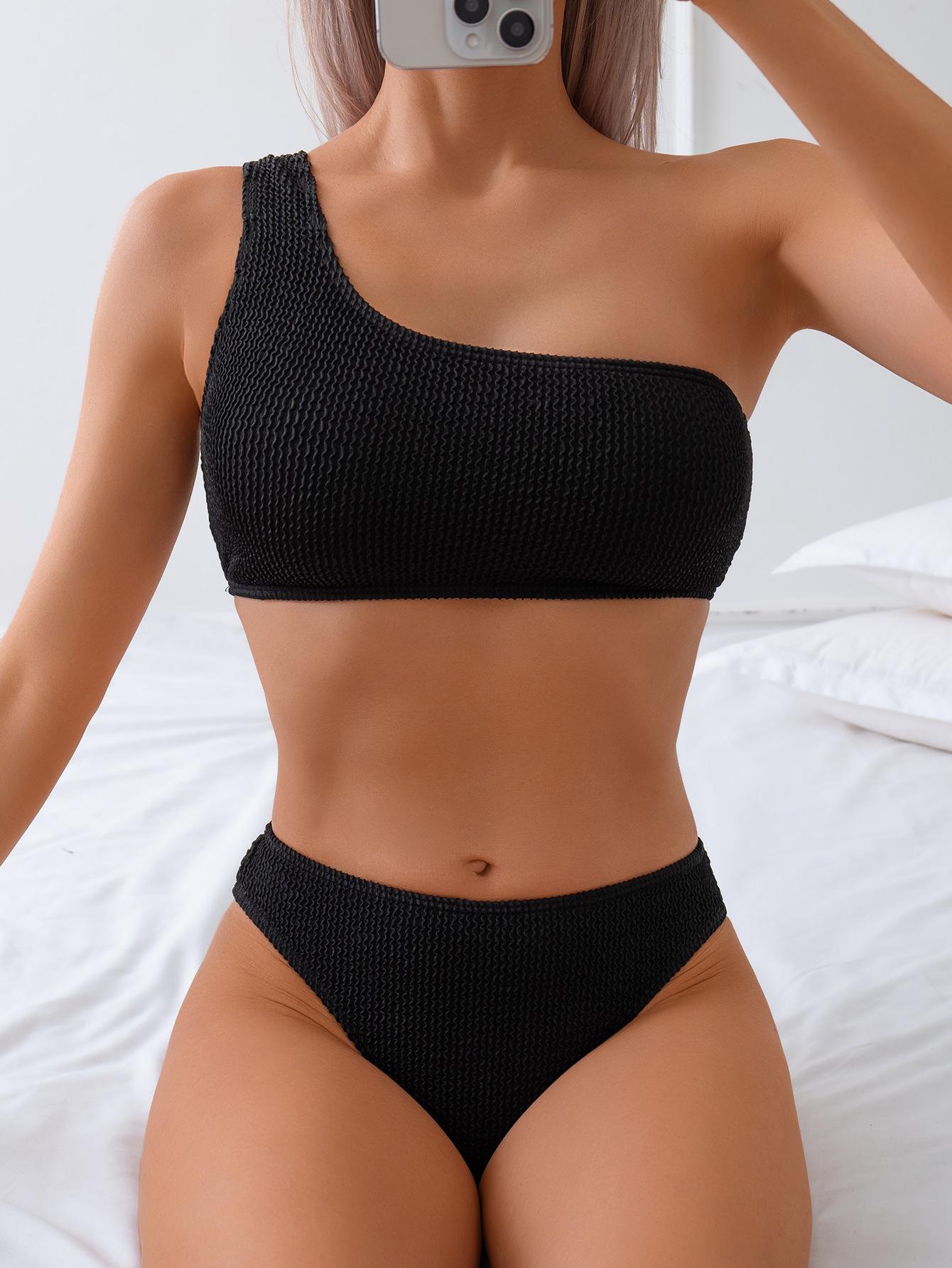 

Европейский и американский сплошной цвет, купальник бикини на одно плечо с высокой талией, 2025 Medium чёрный