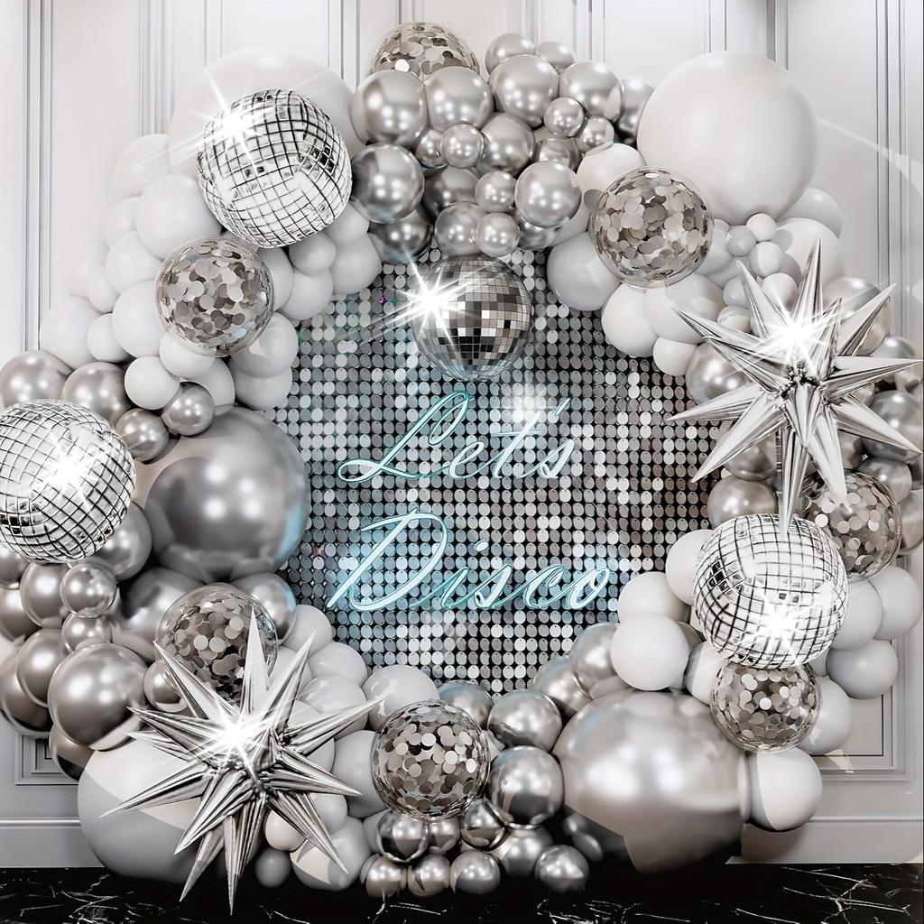 134Pcs Silvery White Balloon Set Explosion Star Disco Aluminum Foil Arch For Birthday Party Party Wedding Decoration