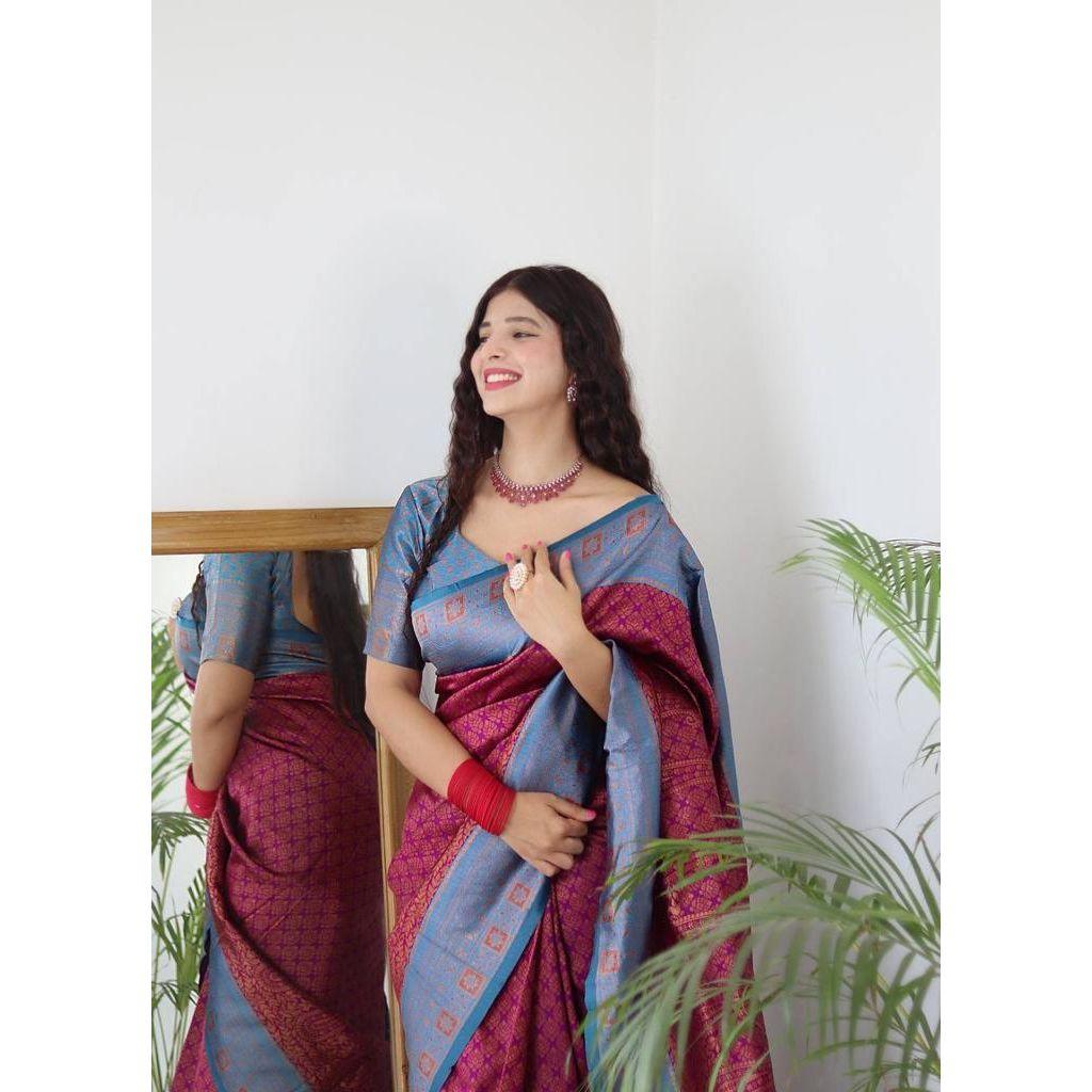 Silk Saree from the ALMAARI Store Is Adorned with Beautiful Sari Work In Form of Traditional Motifs