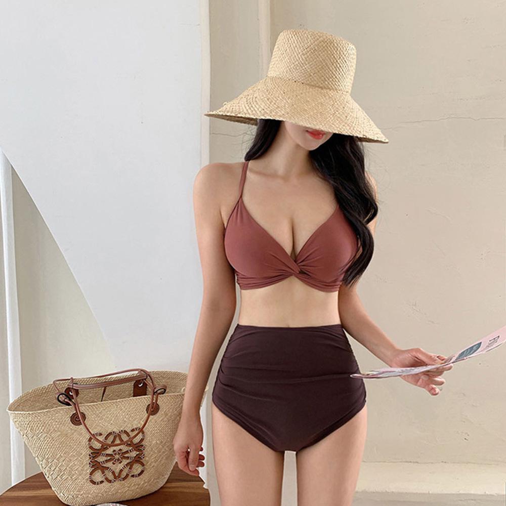 

Женский купальник бикини из двух частей в корейском стиле с высокой талией для маленькой груди - однотонный купальник для модного отдыха или горячих источников Large фиолетовый