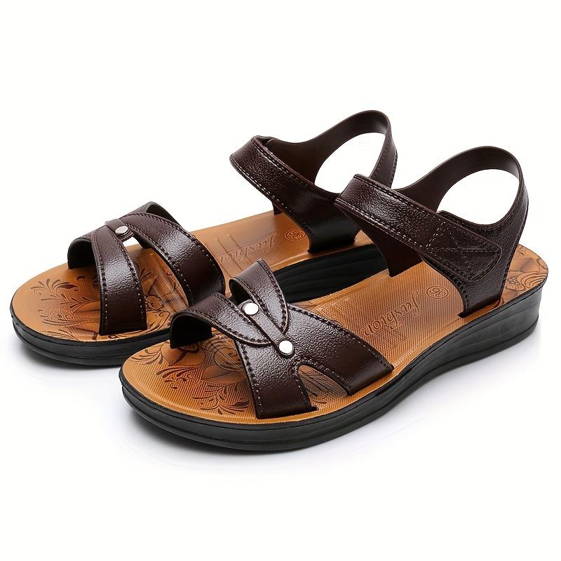 Women's Soft Sole Flat Sandals, Lightweight Faux Leather Open Toe Sandals, Women's Footwear