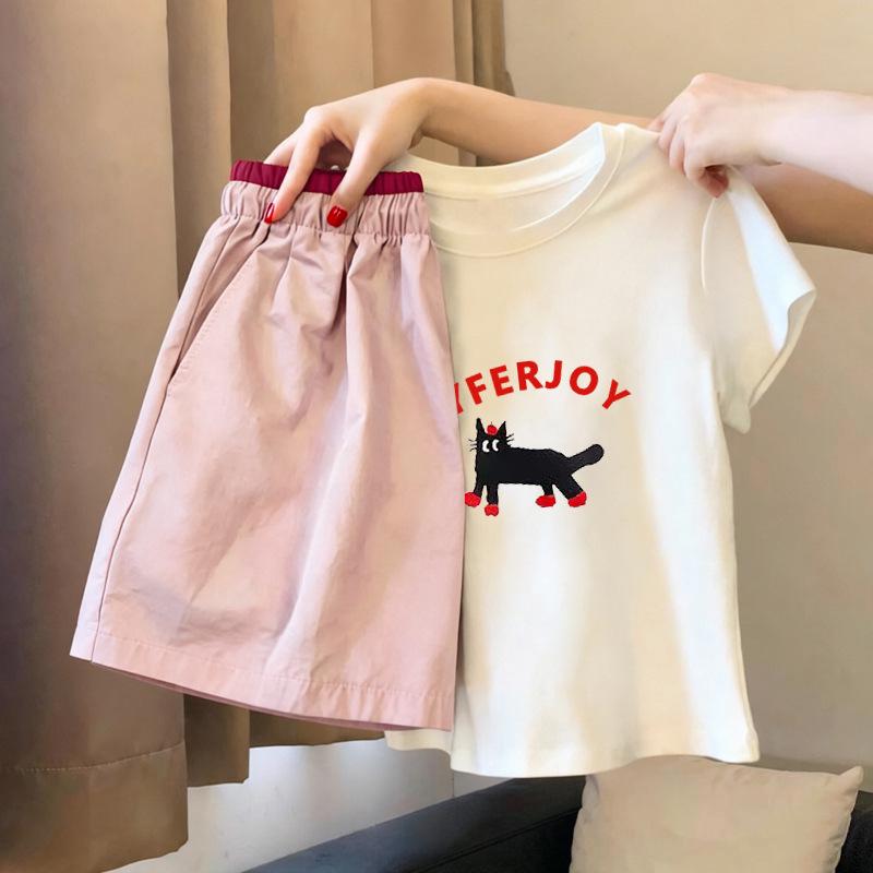 Girls' Cartoon Cotton T-Shirt & Shorts Set - Summer 2026 New Arrival for Ages 6-12