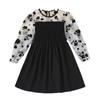 2024 Barn Rose Trykk Langermet Svart Kjole Mesh Kjoler Brodert Prinsesse Kjole for Jenter Barneklær