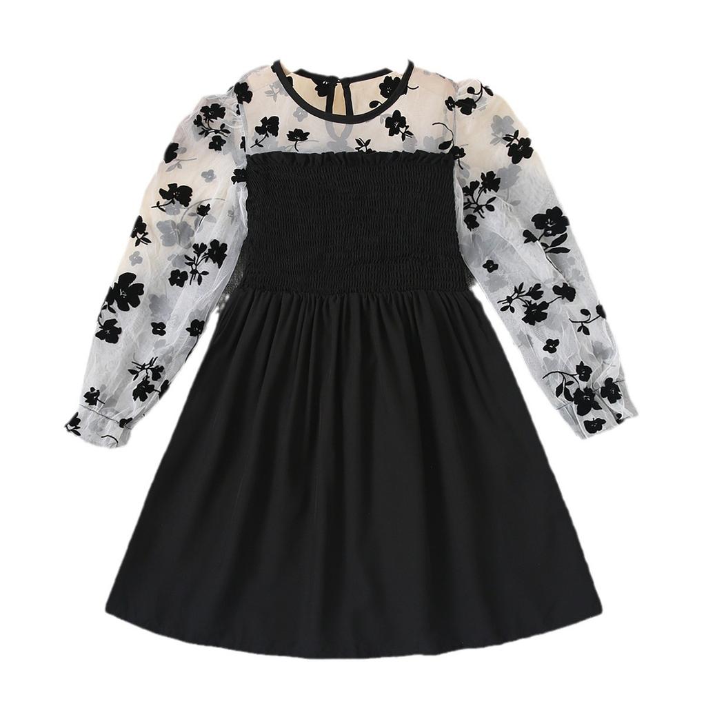 2024 Barn Rose Trykk Langermet Svart Kjole Mesh Kjoler Brodert Prinsesse Kjole for Jenter Barneklær